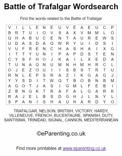 Free Printable Battle of Trafalgar Wordsearch