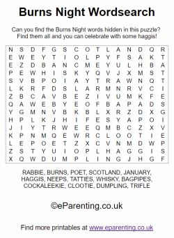 Free Printable Burns Night Wordsearch