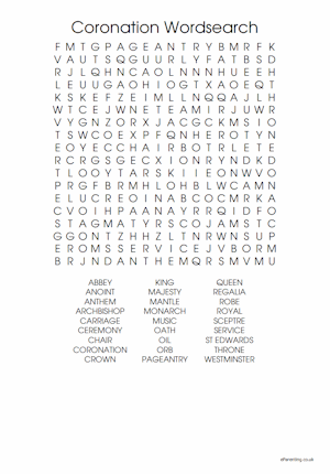 King's Coronation Printable Wordsearch