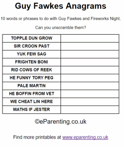Free Printable Guy Fawkes Anagrams