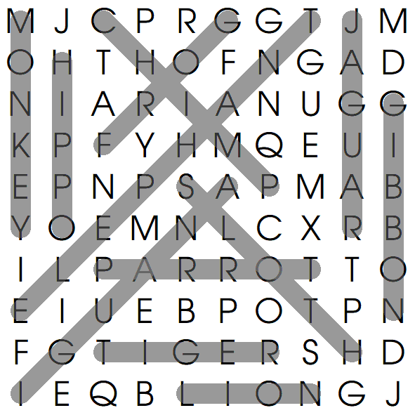 Jungle Animals Easy Wordsearch Solution