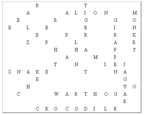 Jungle Animals Wordsearch Solution