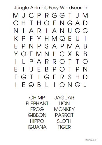 Free Printable Jungle Animals Easy Wordsearch