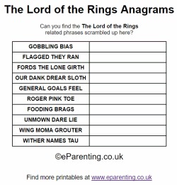 Free Printable Lord of the Rings Anagrams