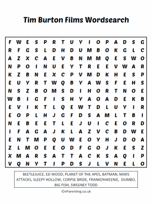 Free Printable Tim Burton Films Wordsearch