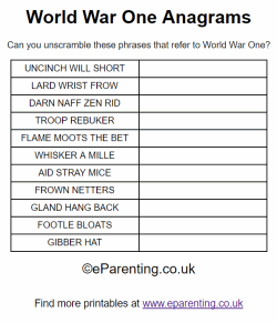 Free Printable World War 1 Anagrams