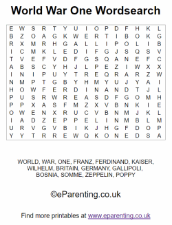 Free Printable World War 1 Wordsearch